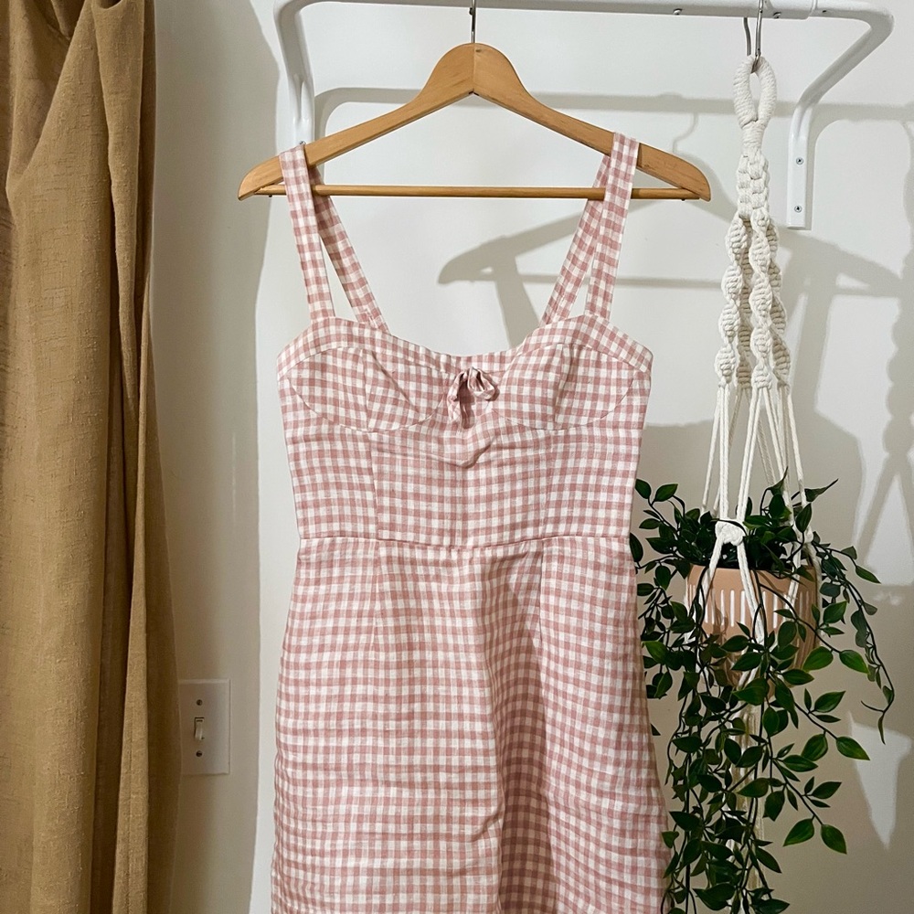Reformation Blush Pink Gingham Sleeveless Dress, 100% linen, size 2